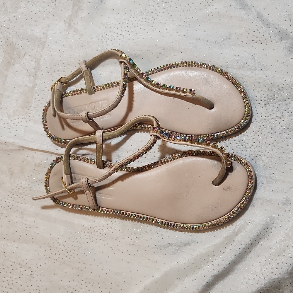 Mystique Boutique Nude/Beige Rhinestone T-Strap Sandals